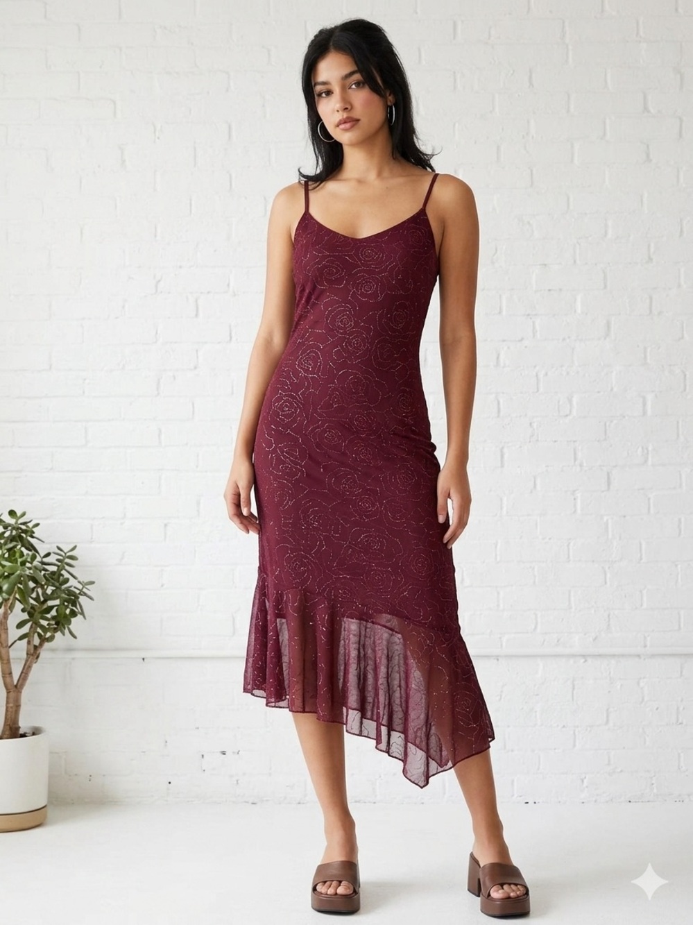 Vintage Y2K Taboo Burgundy Glitter Rose Mesh Asymmetrical Hem Slip Dress